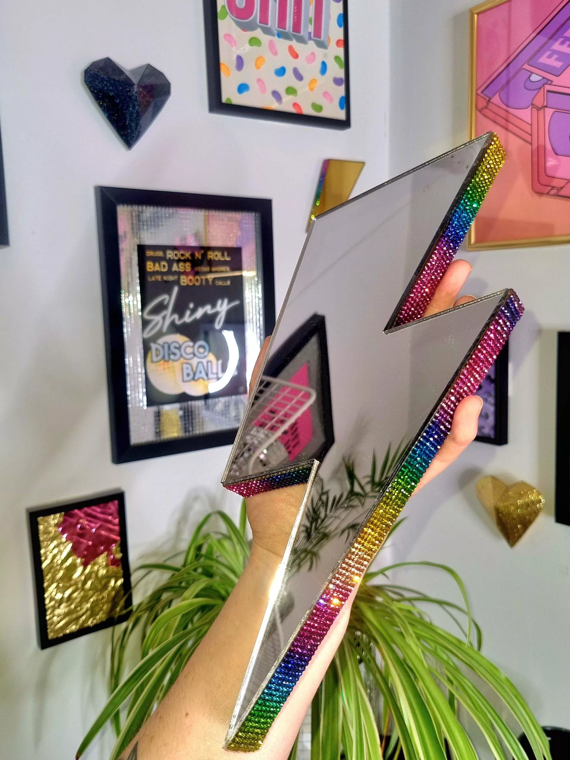 Mirrored rainbow lightning bolt wall art