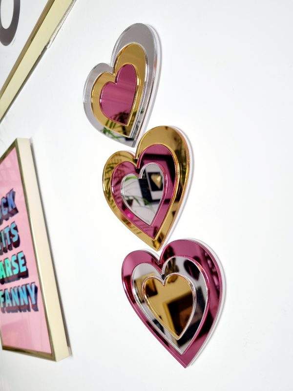 SET OF 3 HEARTS MADE FROM GOLD, PINK AND SILVER MIRRORED ACRYLIC.