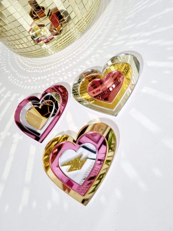 SET OF 3 HEARTS MADE FROM GOLD, PINK AND SILVER MIRRORED ACRYLIC.