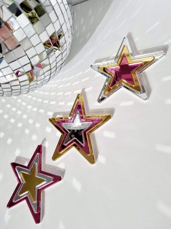 SET OF 3 STARS MADE FROM PINK, GOLD AND SILVER MIRRORRED ACRYLIC.
