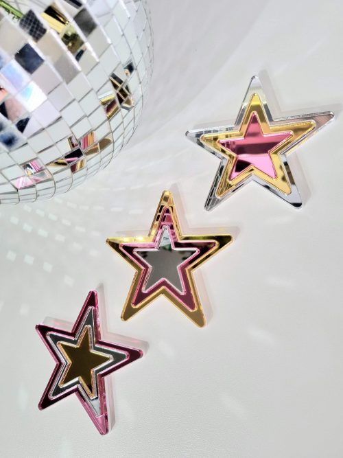 SET OF 3 STARS MADE FROM PINK, GOLD AND SILVER MIRRORRED ACRYLIC.