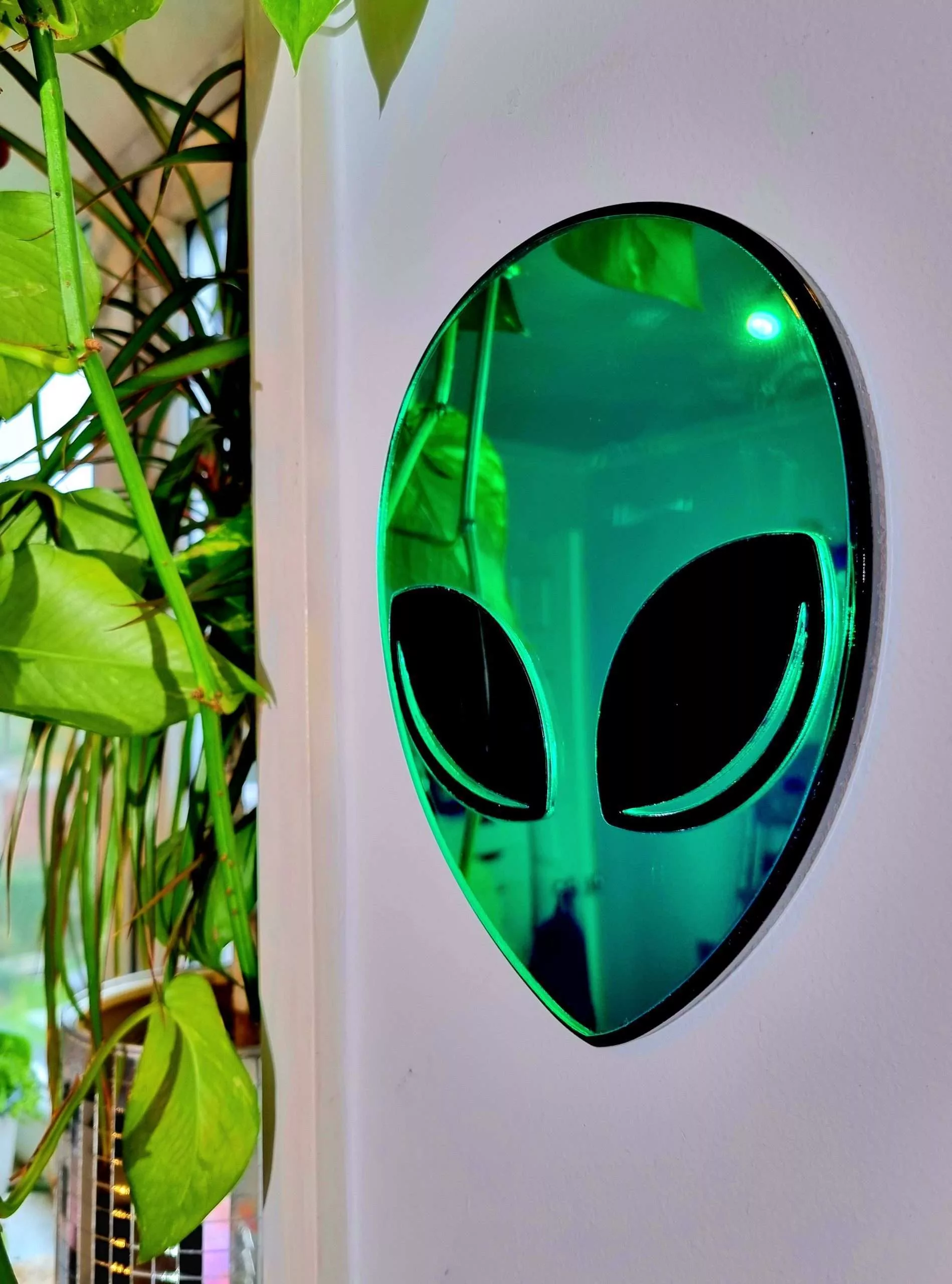 A mirror in the shape of an alien head. The face of the alien is green mirror, with a black gloss outline and black gloss eyes.