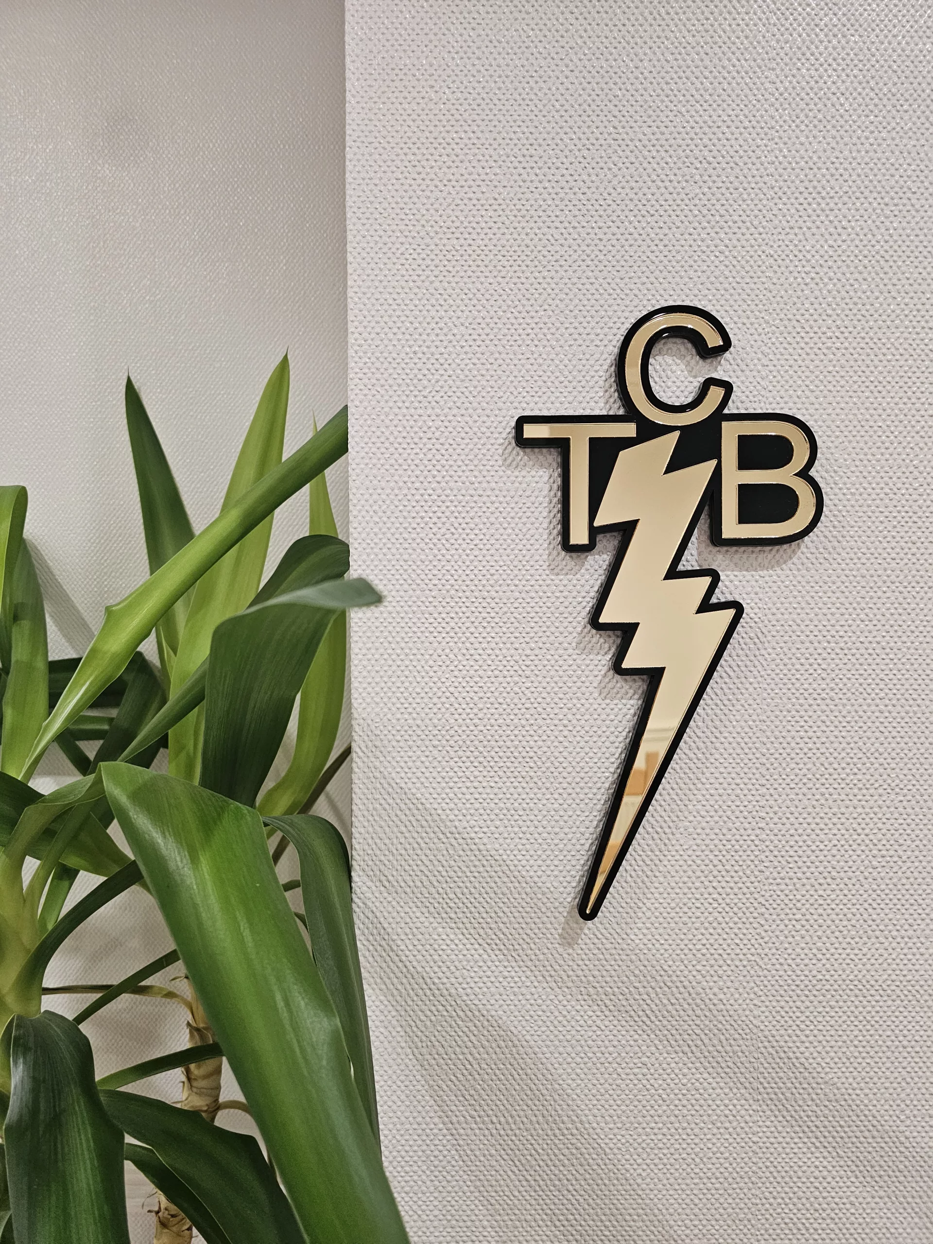 A piece of wall art made in the shape of the TCB necklace worn by Elvis Presley. Made with a black outline and mirror.