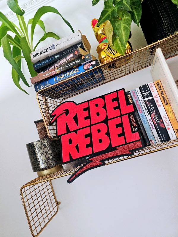 A piece of wall art with the text Rebel Rebel in red mirror with a black background. The piece is sitting on a bookshelf.