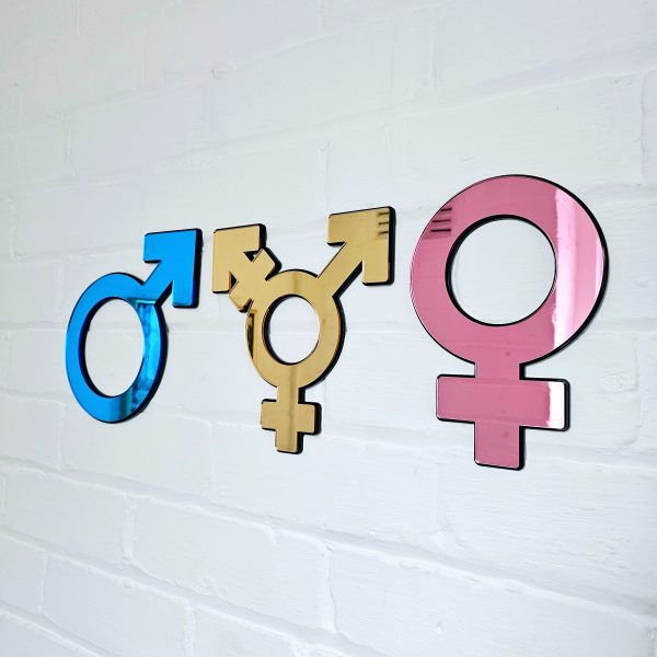 Female, transgender and male symbols made from mirror with a black backing. Mounted on a white brick wall.