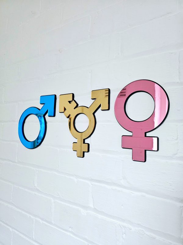 Female, transgender and male symbols made from mirror with a black backing. Mounted on a white brick wall.