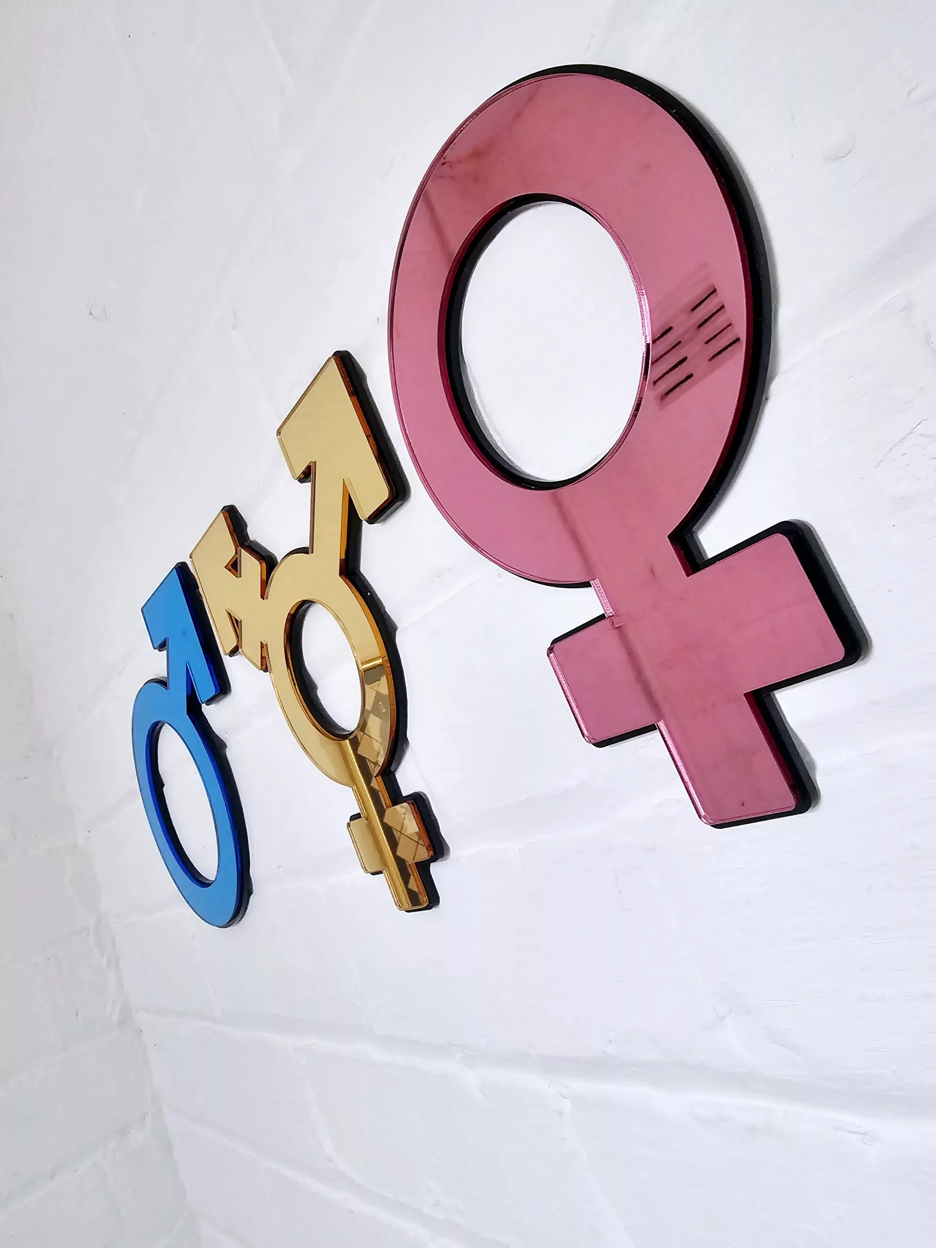 Female, transgender and male symbols made from mirror with a black backing. Mounted on a white brick wall.