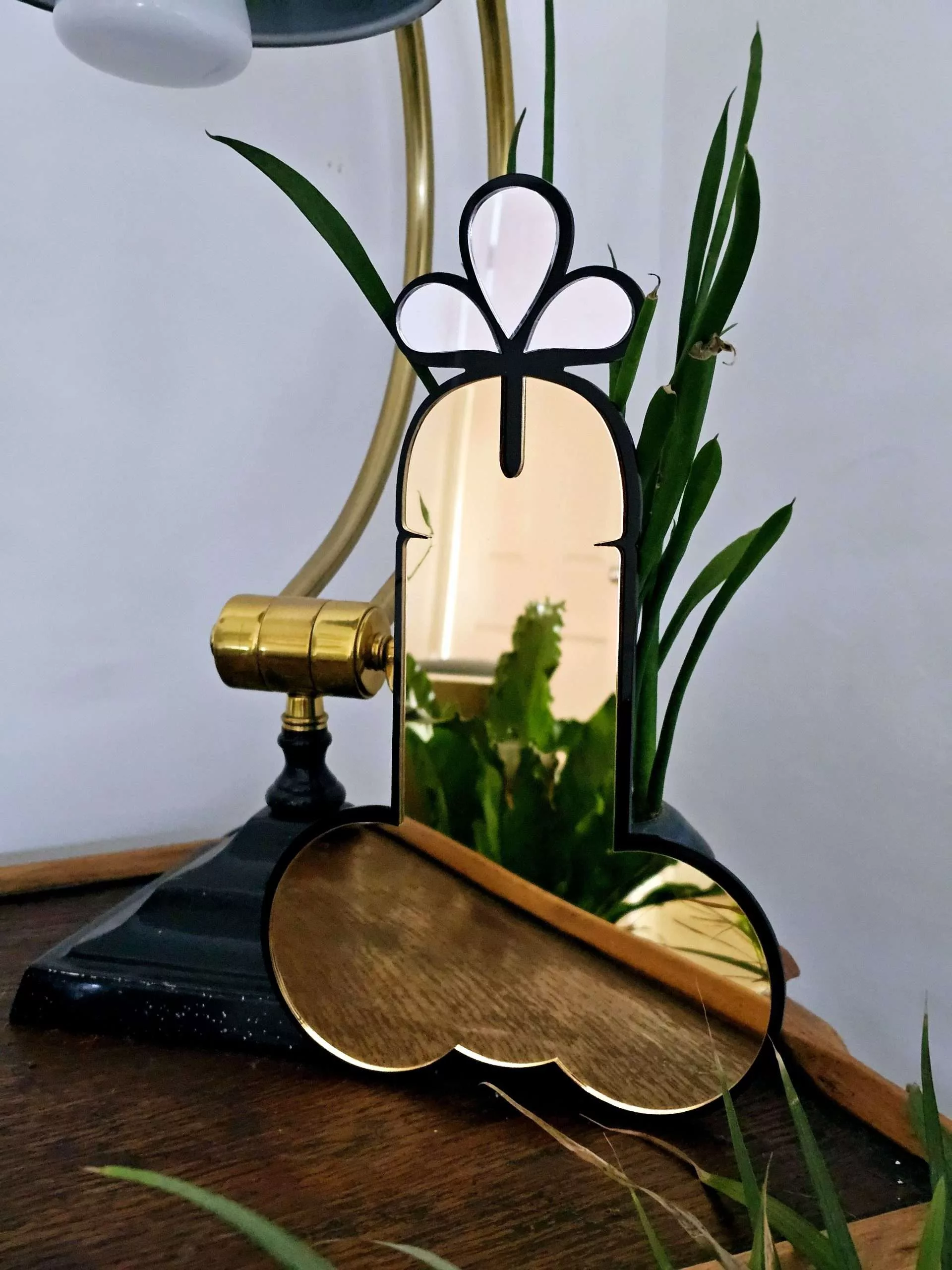 A handmade mirror in the shape of a penis.