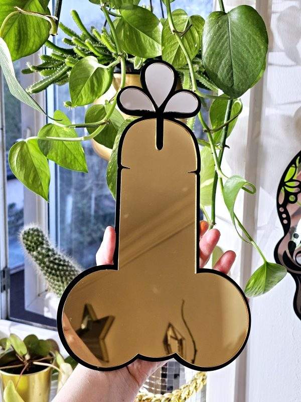 A handmade mirror in the shape of a penis.