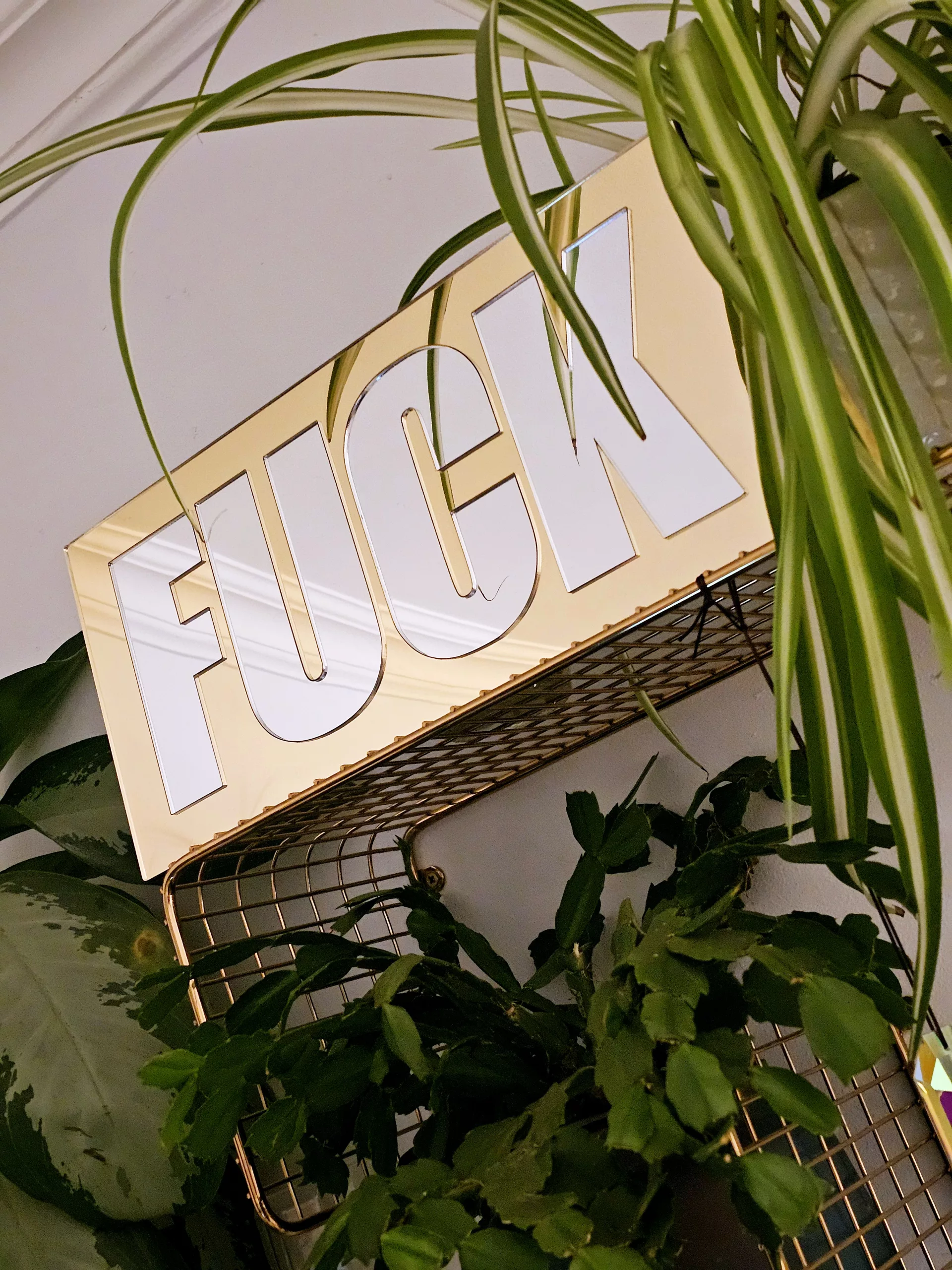 A mirror with the word FUCK in silver lettering with a gold mirror outline.
