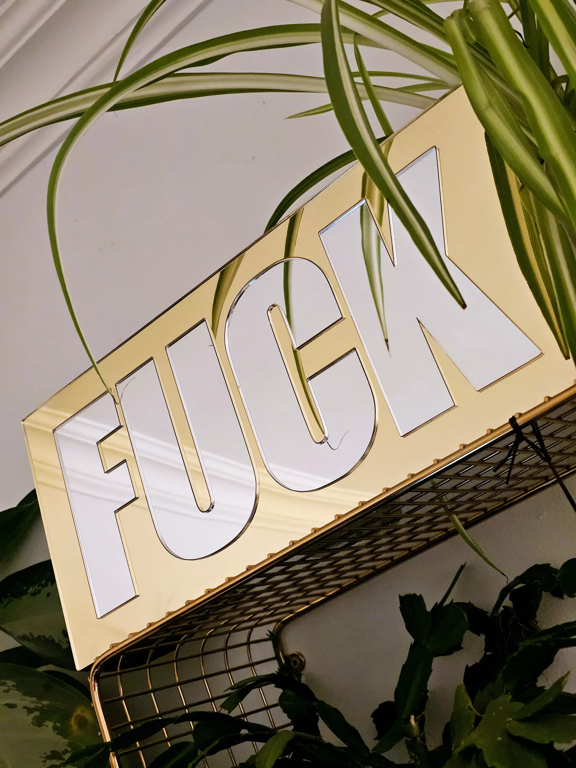 A mirror with the word FUCK in silver lettering with a gold mirror outline.