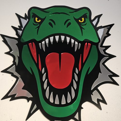 Coloured mirrored acrylic wall art in the shape of a T-Rex dinosaur